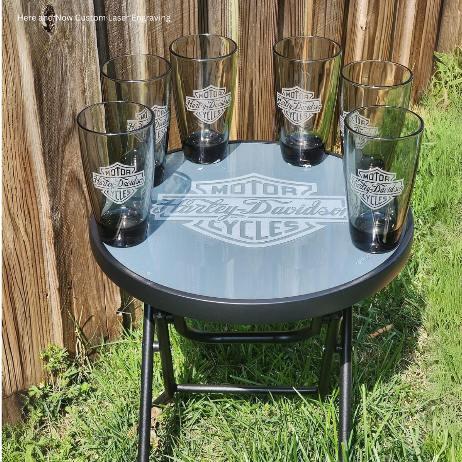 Laser Engraved Table Top And Matching Glasses.