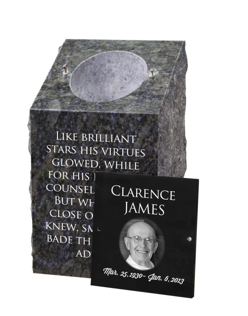 Beautiful butterfly blue granite pillar with a black granite cover. This garden cremation urn, with a 250 cubic in chamber and a