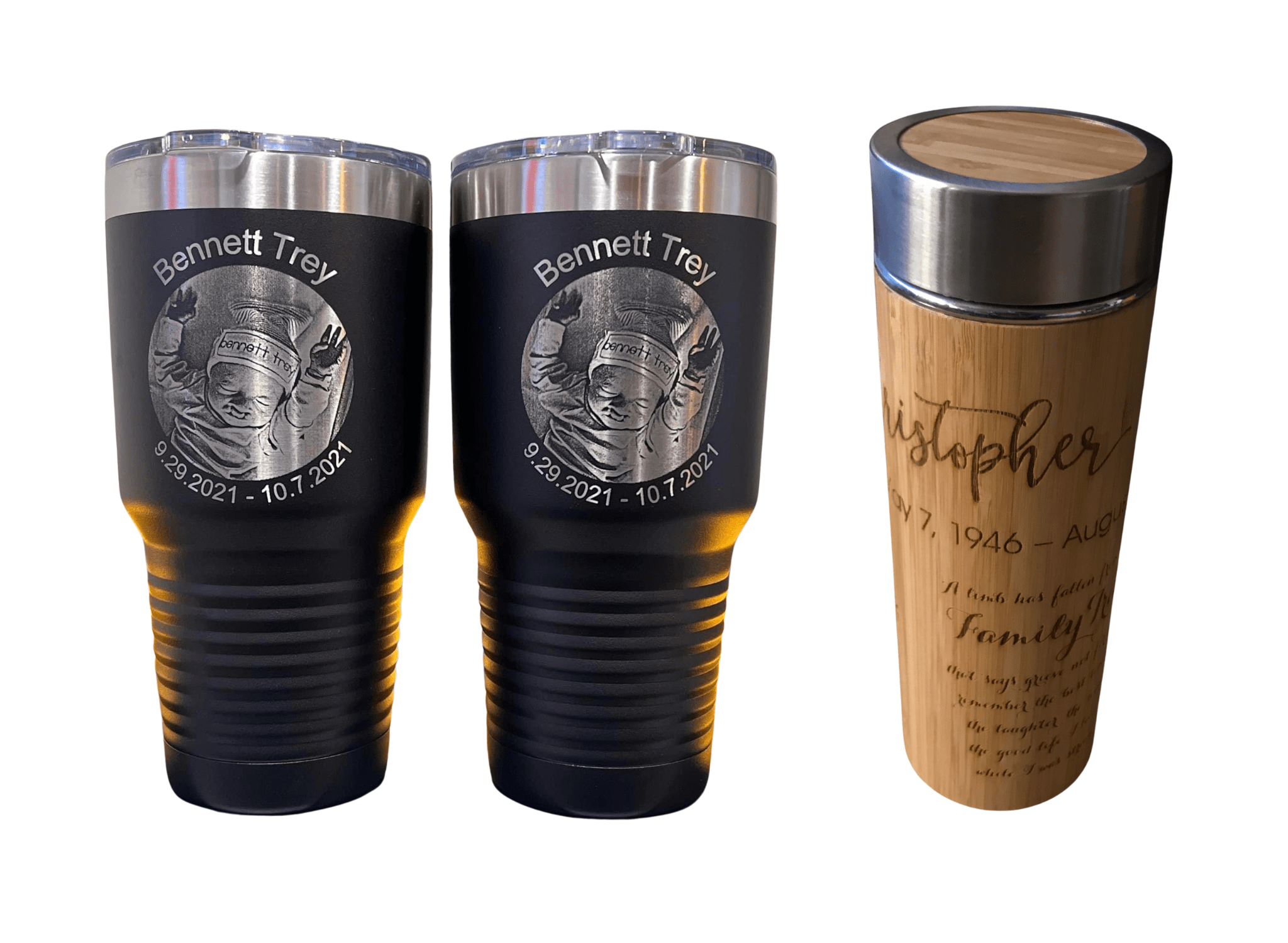 Tumblers can be engraved to create cherished memorial keepsakes.