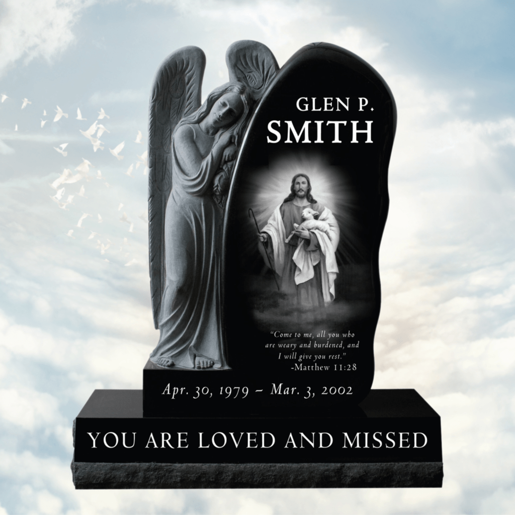 A Memorial Headstone Featuring An Angel And An Image Of Jesus Holding A Lamb, Along With The Text &Quot;Glen P. Smith&Quot; And A Bible Verse From Matthew 11:28.