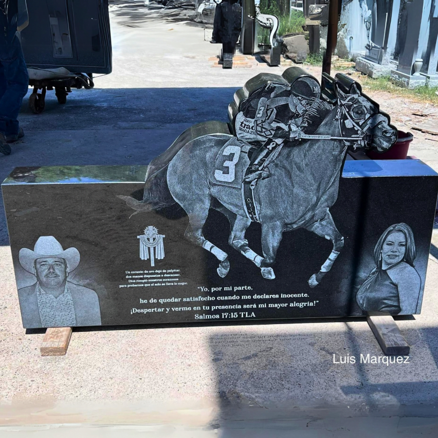 Granite Memorial Engraved With Images Of A Horse Racer, A Man In A Cowboy Hat, A Woman, And A Quote From Psalms 17:15 Tla.