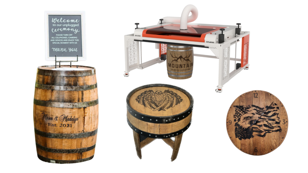 AP Lazer Patented Open Architecture & Low Rider machines engraving a variety of items, from wine barrels and furniture to large commercial signs..