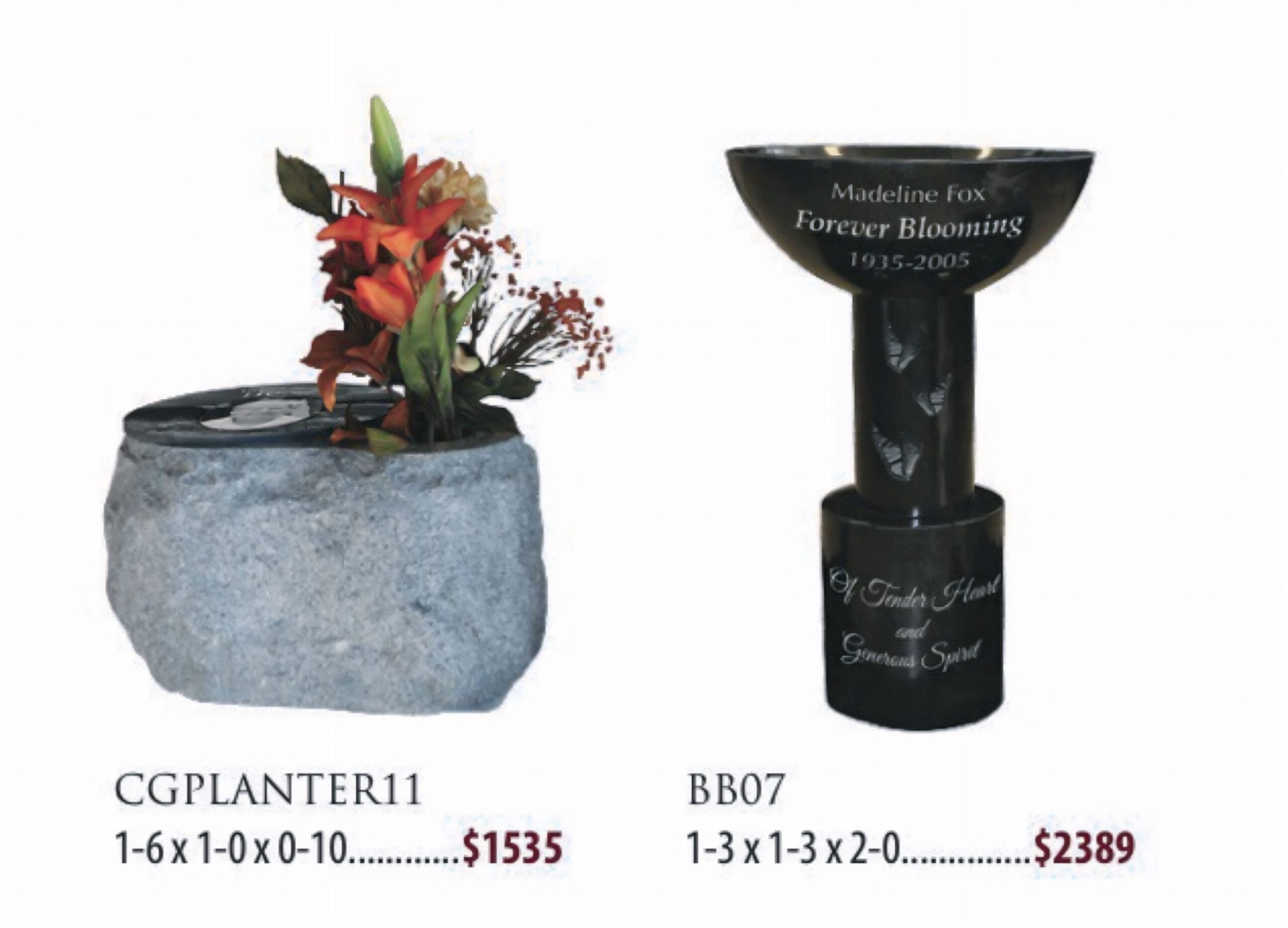 A granite birdbath and planter in a tranquil garden, beautifully redesigned as cremation memorial features, blending nature with a lasting tribute. 