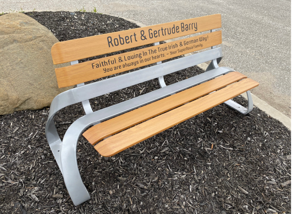 A 48" aluminum bench, powder-coated for durability, beautifully laser engraved as a cremation memorial bench.