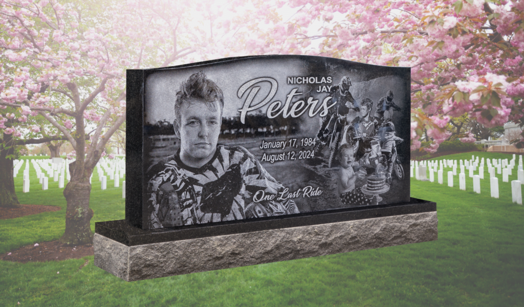 Granite Memorial Featuring A Detailed Laser Engraving Of Nicholas Jay Peters With Personalized Images And Text, Including Life Moments And Motocross Imagery.