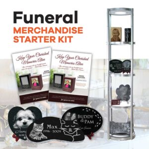 picture of funeral merchandise flyer and engraved granite, slate, and urns