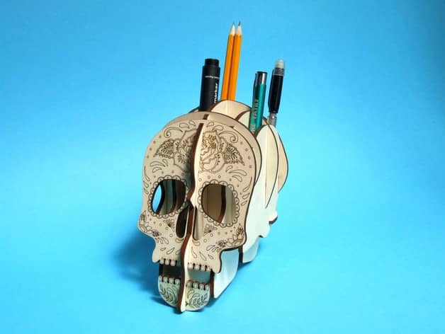 Laser Cut Cardboard Skull As Pen Holder