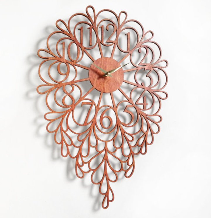 A Beautifully Designed Laser-Cut Wooden Clock By Sarah Mimo, Featuring Delicate, Flowing Patterns With Large Cut-Out Numbers.