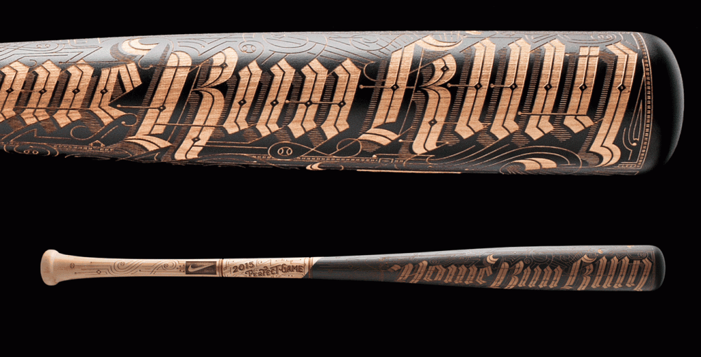 A close up and full shot of a laser engraved baseball bat.