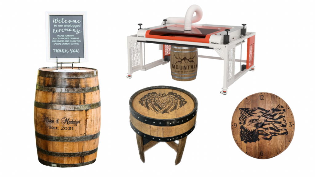 A wine barrel, a barrel coffee table, and a barrel head are engraved by an AP Lazer SN4836LR,