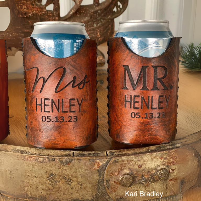 Set of leather can cooler sleeves engraved with "Mr. Henley" and "Mrs. Henley" and wedding date using AP Lazer.