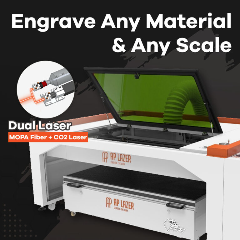 AP Lazer SN6240DLR dual laser machine with open architecture design and MOPA fiber + CO2 laser capability.