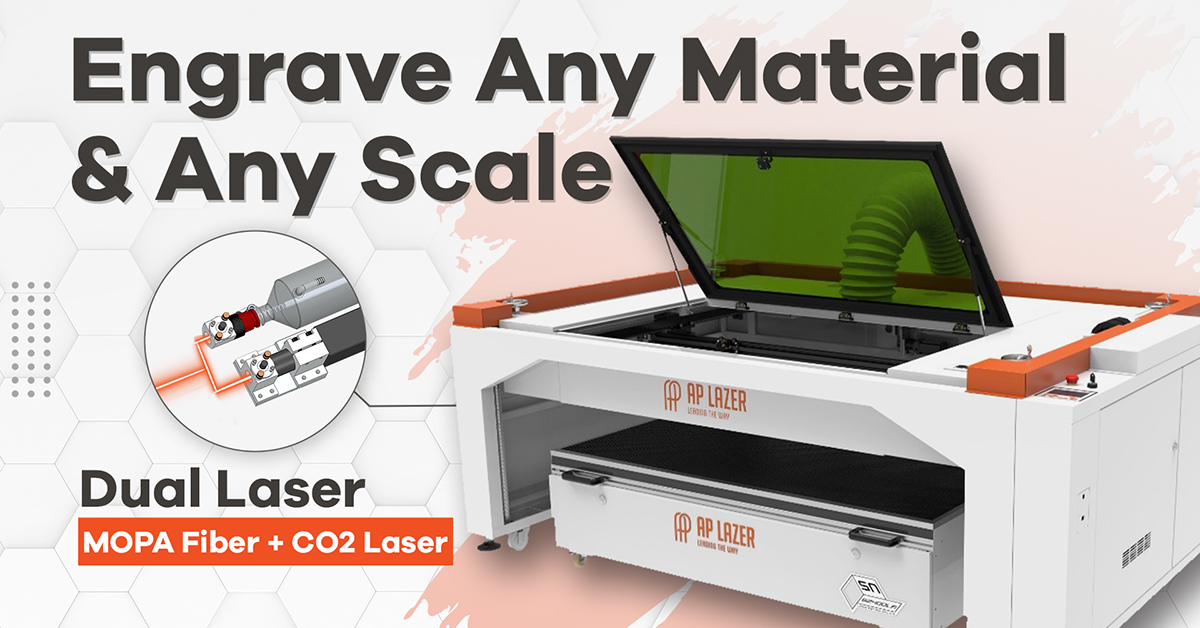 The world’s first dual laser engraving system featuring MOPA fiber and CO2 laser in an open-architecture AP Lazer machine.