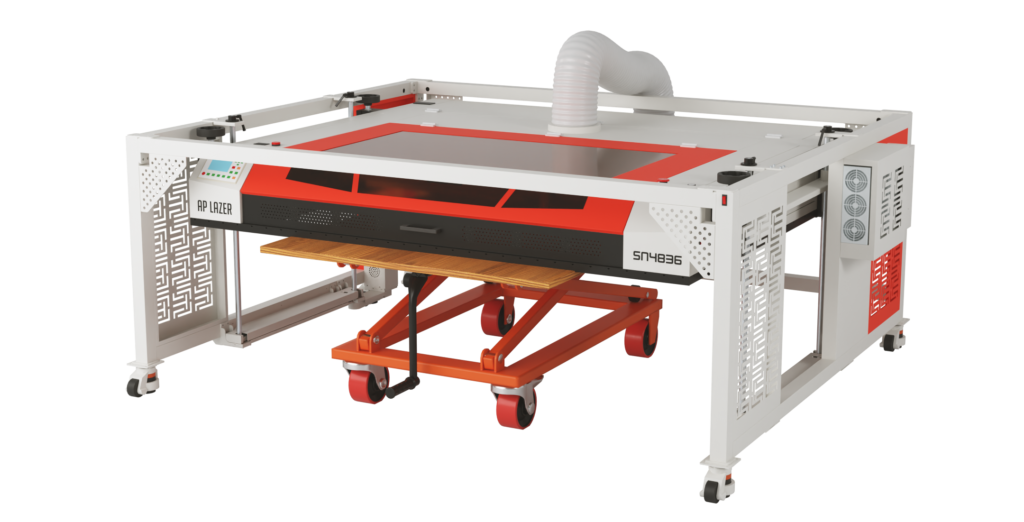 Ap Lazer's SN4836DLR laser cutting and engraving machine shown engraving a large wooden object.