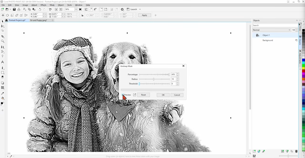 Screenshot of the unsharp mask being used on a photo of a girl and her dog in Corel Photo-Paint