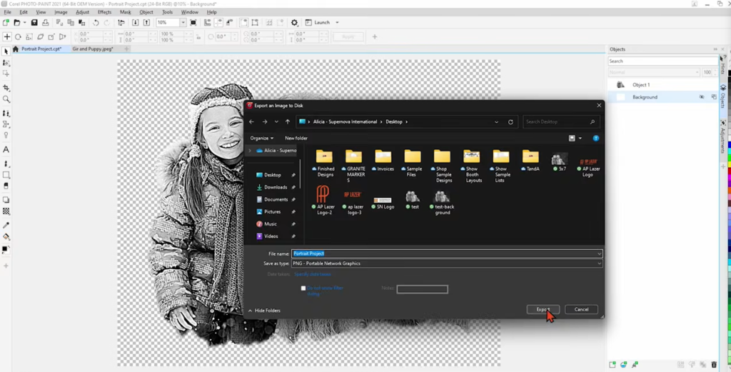 Screenshot of a photo being exported as a PNG our of Corel Photo-Paint.
