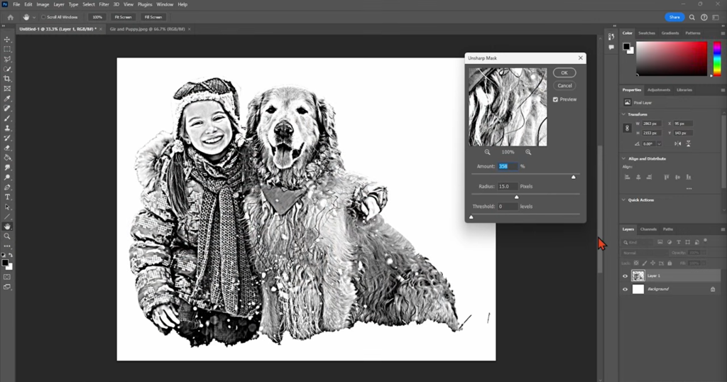 Screenshot of the unsharp mask tool being used in Adobe Photoshop.