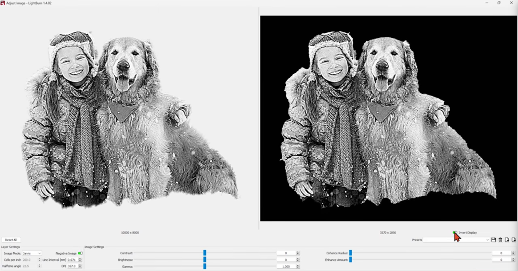 Screenshot of a photo of a girl and her dog being adjusted in Lightburn's photo processing software.
