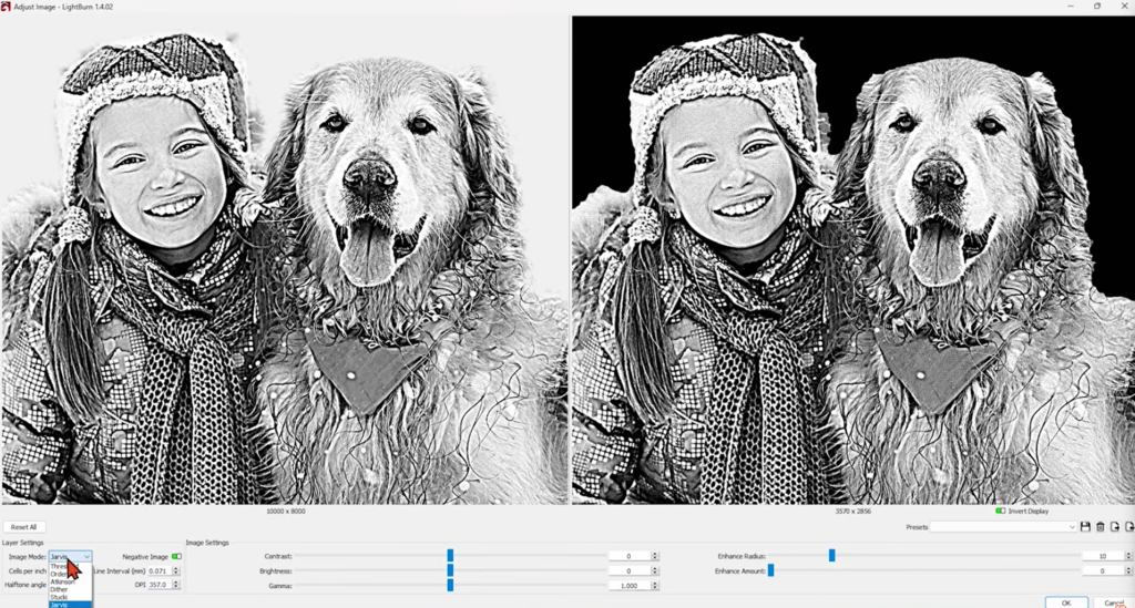 Screenshot of the Jarvis dithering option being selected in LightBurn.
