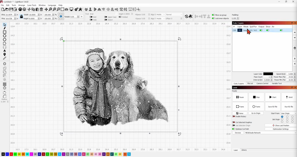 Screenshot of a photo being edited in Lightburn.