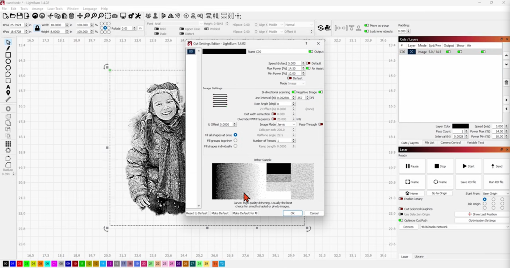 Screenshot of the laser settings being edited for a photo engraving in LightBurn.