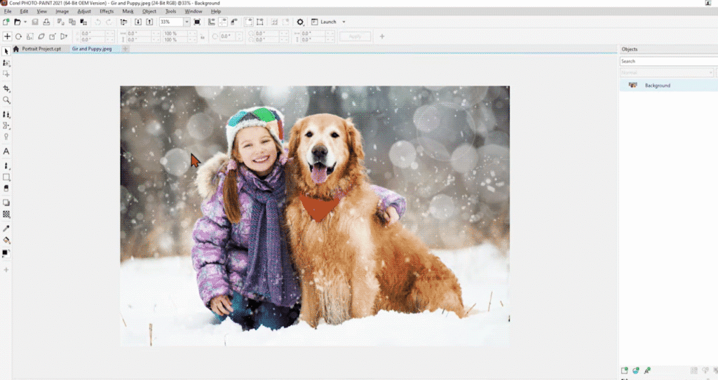 Screenshot of a photo of a girl and her dog being opened in Corel Photo-Paint.