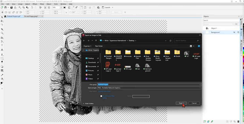 Screenshot of a photo being exported as a PNG our of Corel Photo-Paint.
