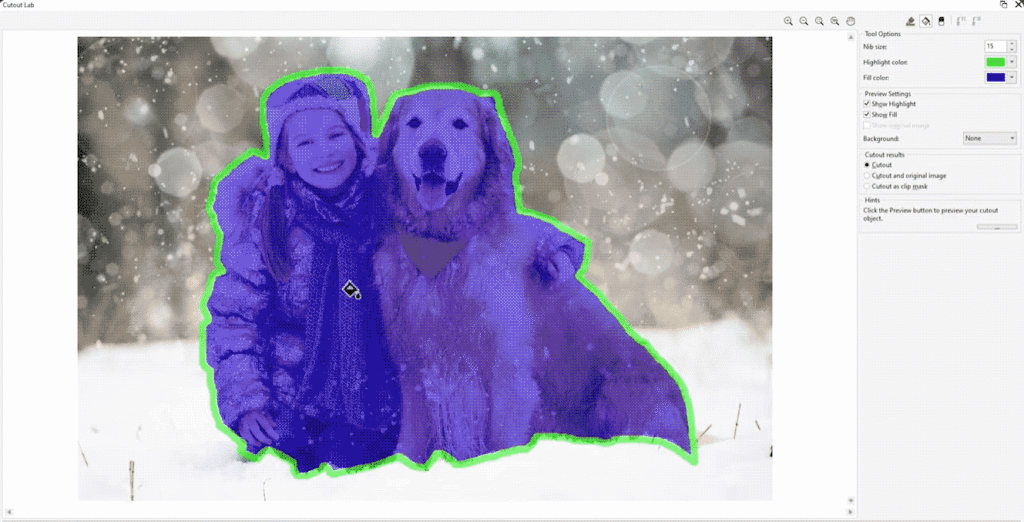 Screenshot of a photo of a girl and her dog being edited in Corel Photo-Paint's Cutout Lab.