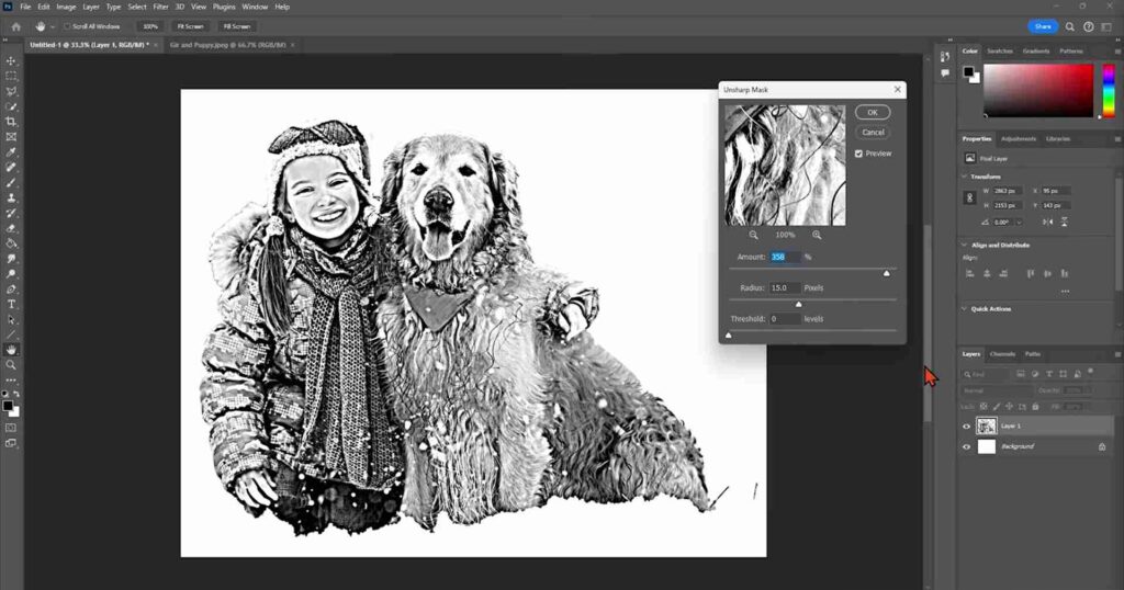 Screenshot of the unsharp mask tool being used in Adobe Photoshop.