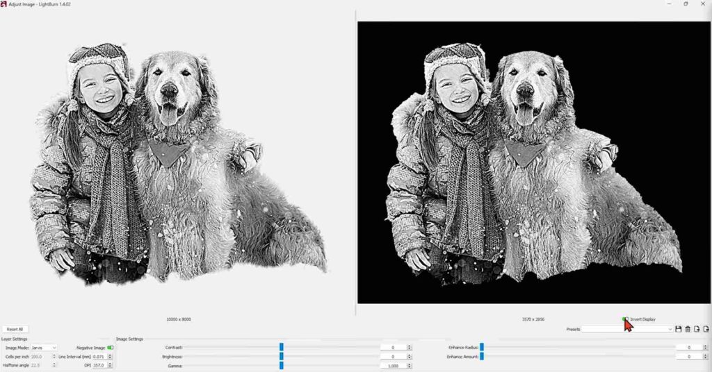 Screenshot of a photo of a girl and her dog being adjusted in Lightburn's photo processing software